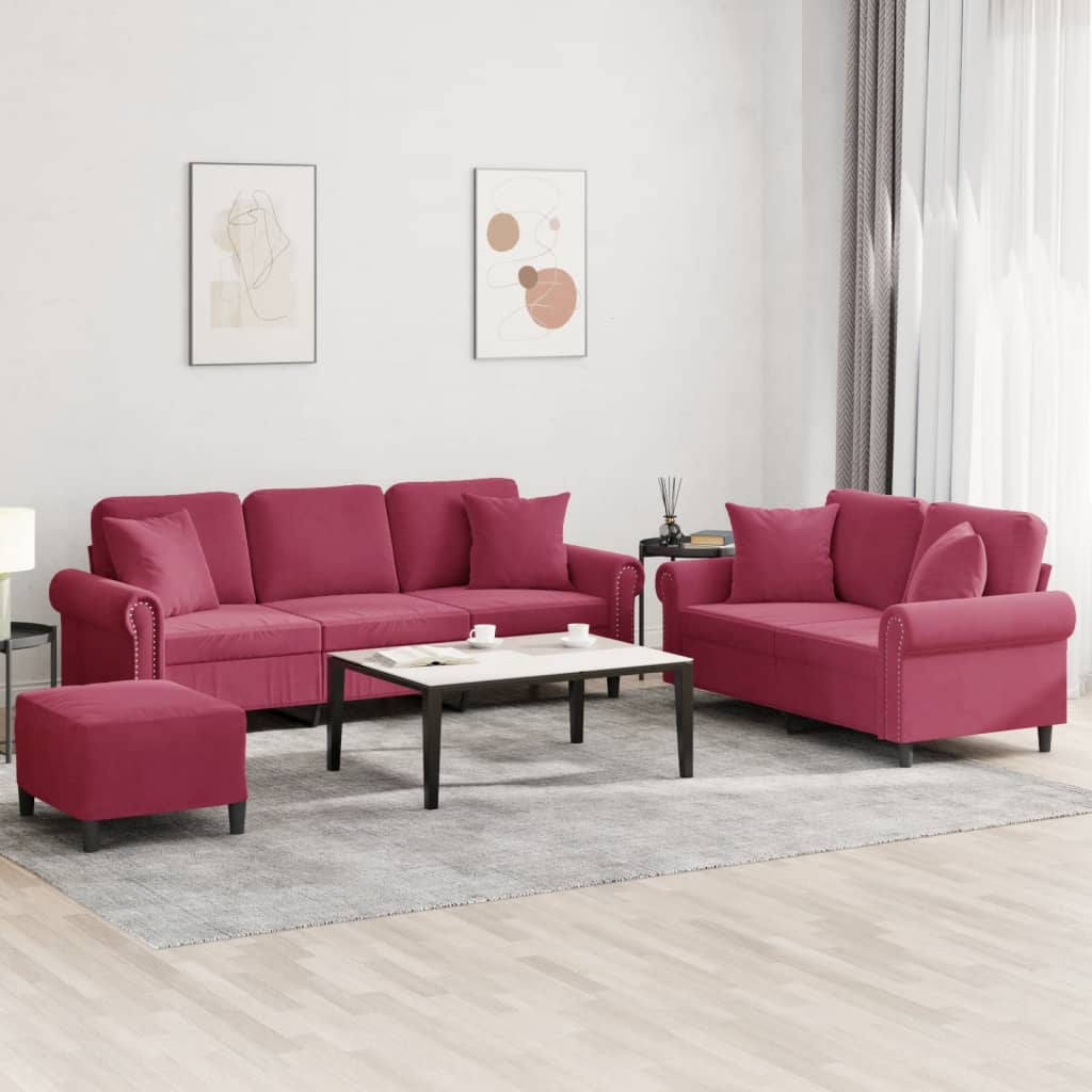 Set Di Divani 3 Pz Con Cuscini Rosso Vino In Velluto