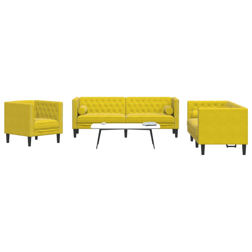 Set Divani Chesterfield 3pz Con Cuscini Giallo Velluto