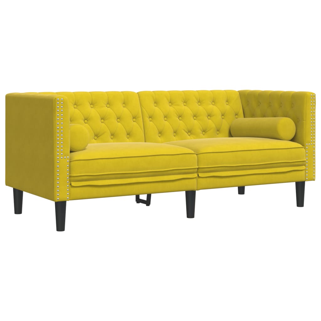 Set Divani Chesterfield 3pz Con Cuscini Giallo Velluto - Image 4