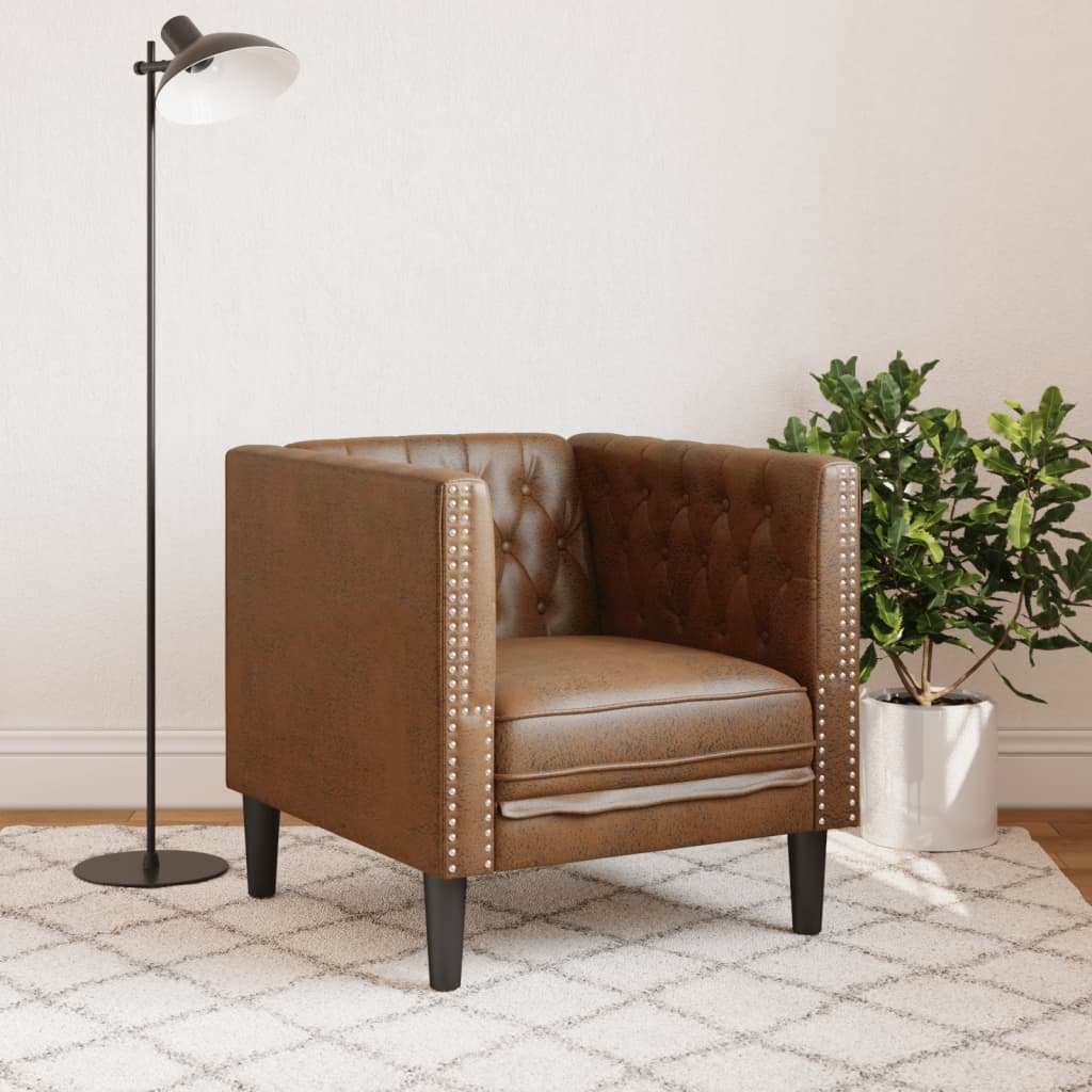 Poltrona Chesterfield Marrone In Similpelle Scamosciata - Image 3
