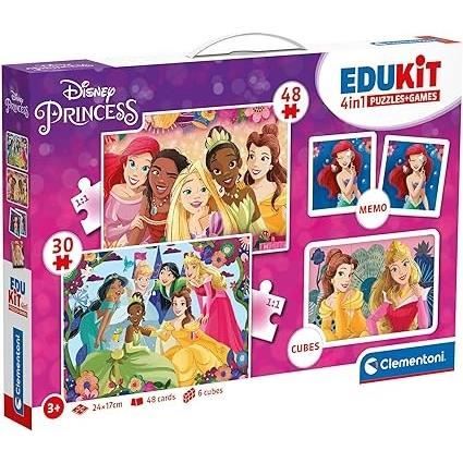 Clementoni - Edukit - Principesse Disney - Scatola Didattica 4 In 1 - 2 Puzzle, 1 Memo, 1 Set Da 6 Cubi - Made In Italy