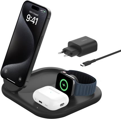 Belkin Boostcharge 3-IN-1 - Kabelloses Ladegerät - Magnetisch, Faltbar, Mit Qi2 + AC-Netzteil - 15 Watt - Fast Charge - Schwarz (wiz029vfbk)