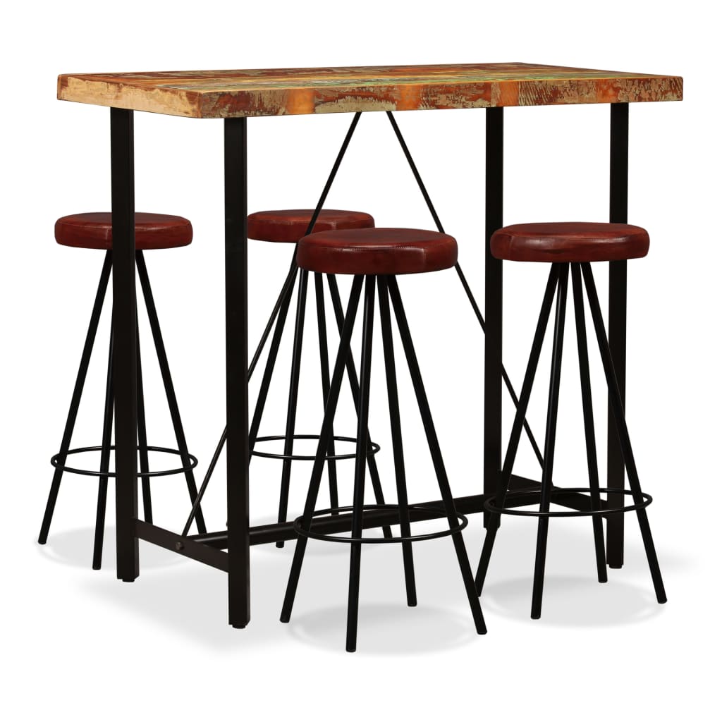 vidaXL Set muebles de bar 5 pzas madera maciza reciclada cuero genuino