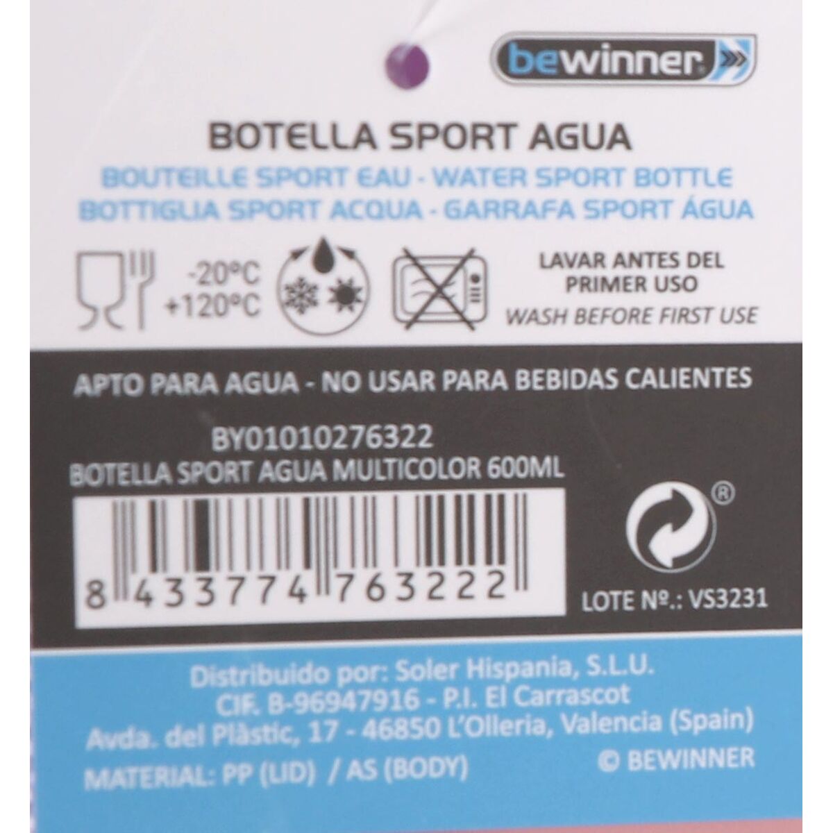 Bottiglia d'acqua Bewinner Multicolore 600 ml 7,4 x 7,4 x 19 cm (12 Unità) - Image 3
