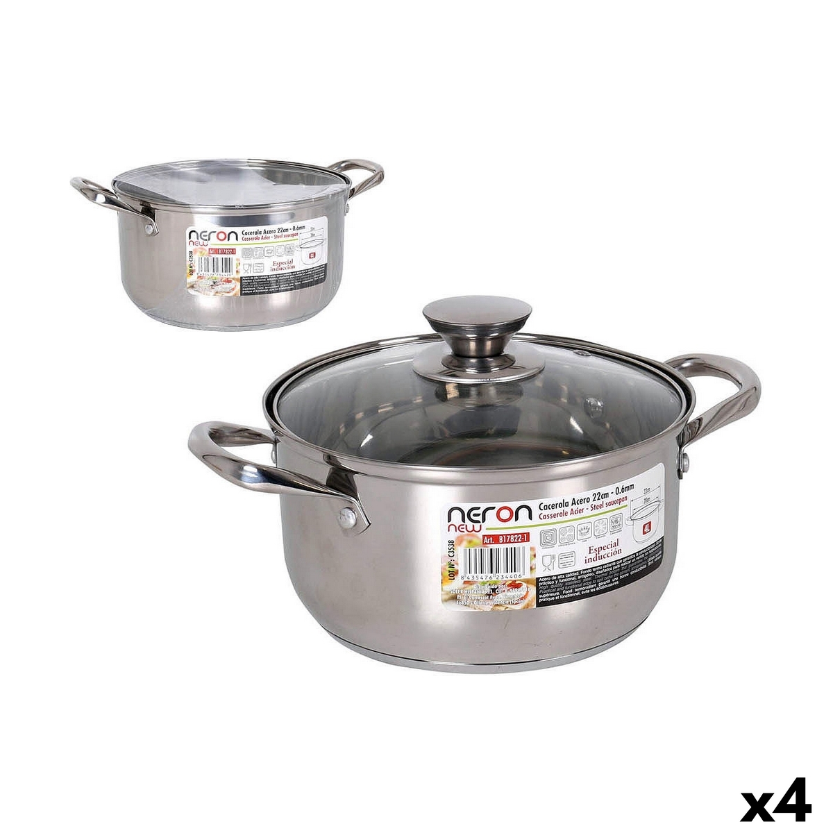 Casseruola con coperchio Quttin New neron Ø 22 cm 4 L 30 x 22 x 12 cm Acciaio (4 Unità)