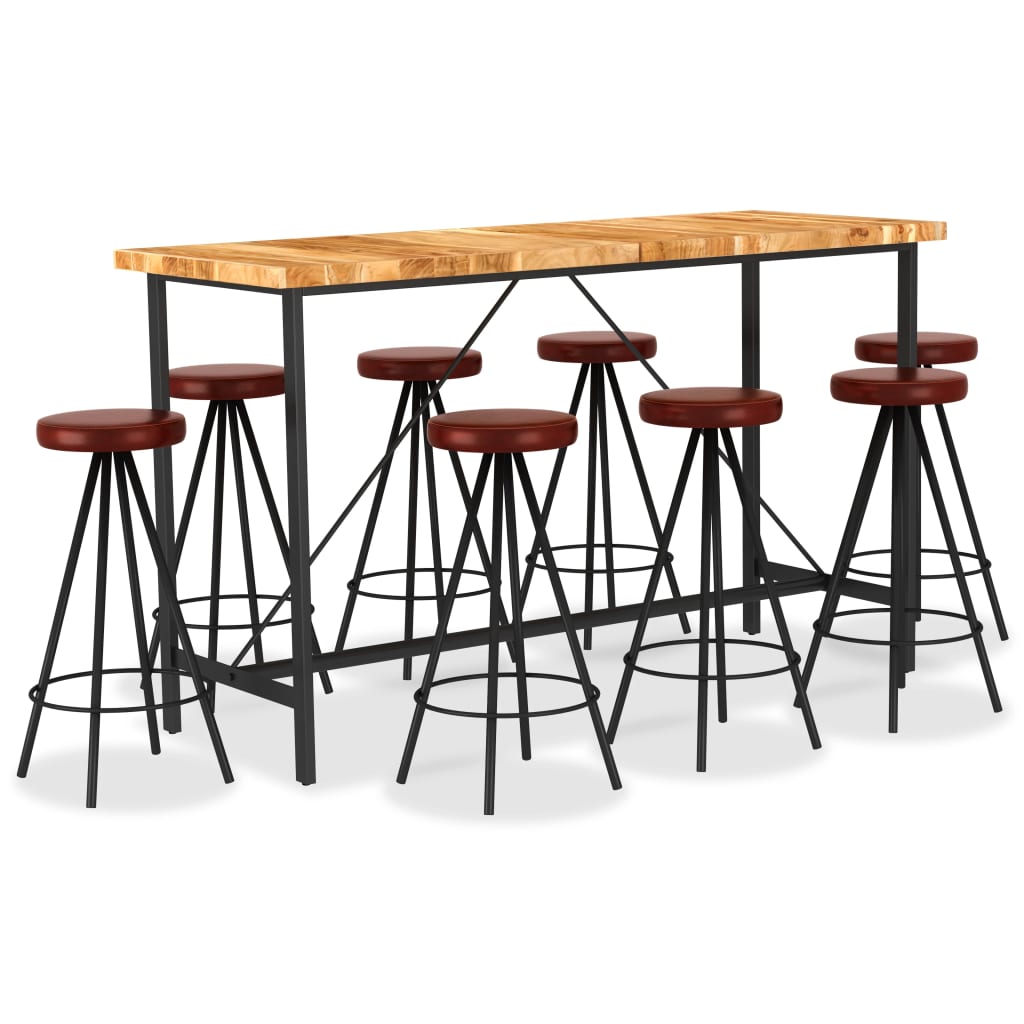 vidaXL Set muebles de bar 9 pzas madera maciza acacia cuero auténtico