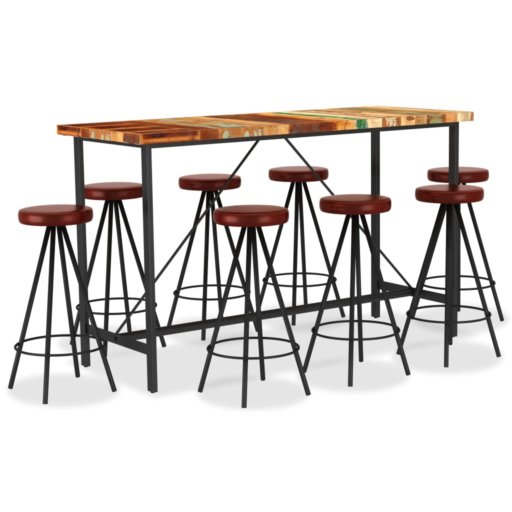 vidaXL Set muebles de bar 9 piezas madera reciclada y cuero auténtico