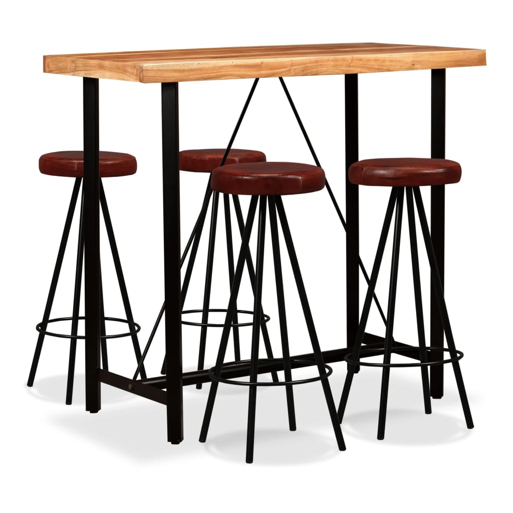 vidaXL Set muebles de bar 5 pzas madera maciza acacia cuero genuino