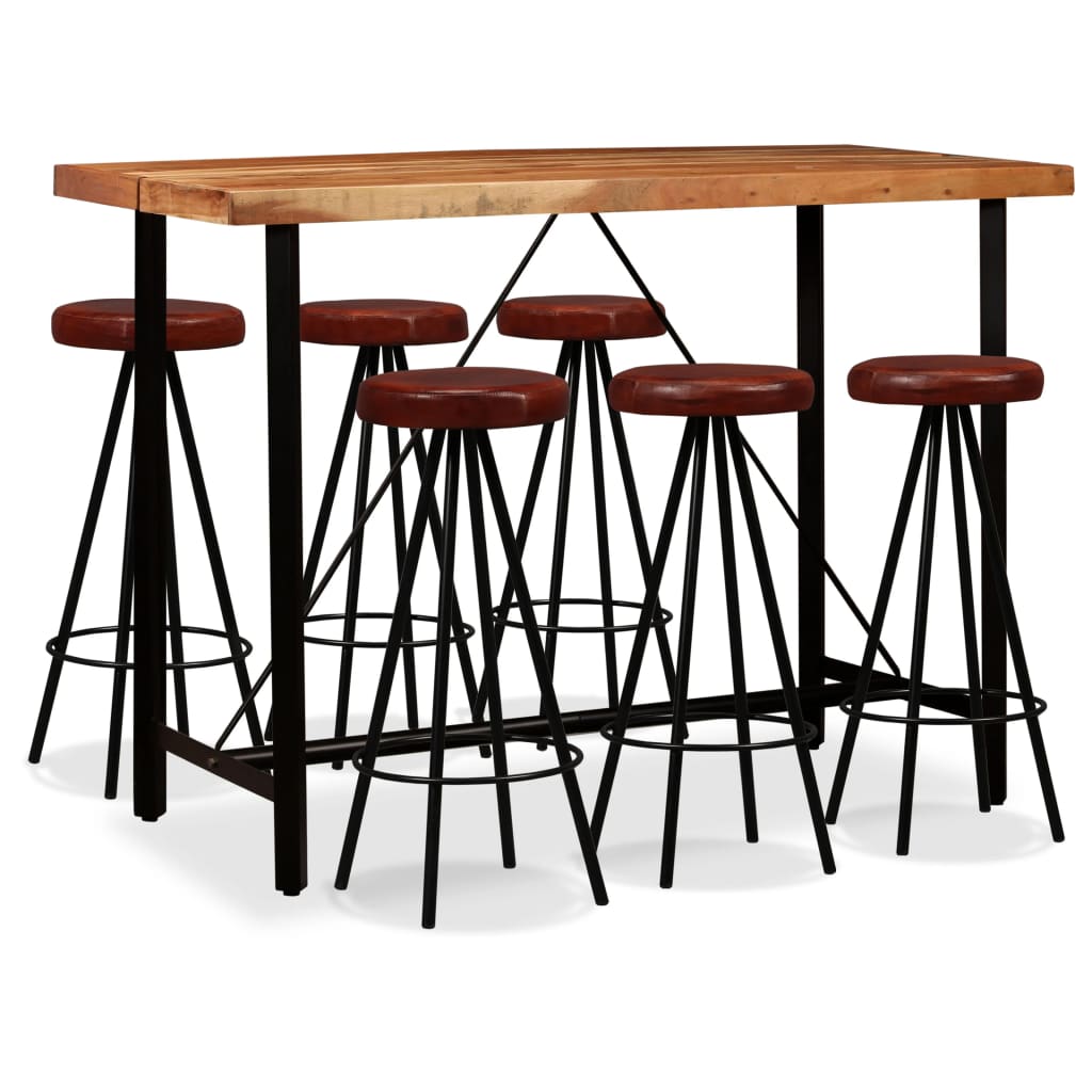 vidaXL Set muebles de bar 7 pzas madera maciza acacia y cuero genuino