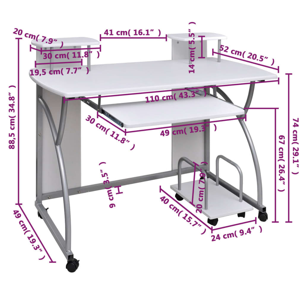 vidaXL Escritorio ordenador madera contrachapada blanco 110x52x88,5 cm - Image 5