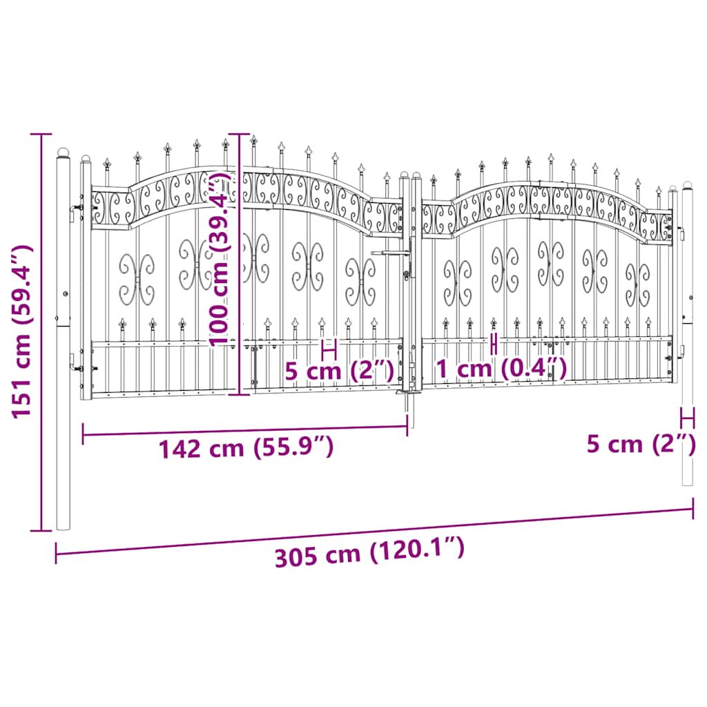 vidaXL Zauntor mit Speerspitze Schwarz 305 x 100 cm Pulverbeschichteter Stahl - Image 6