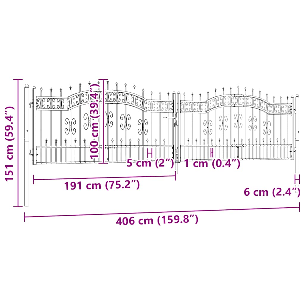 vidaXL Zauntor mit Speerspitze Schwarz 406 x 100 cm Pulverbeschichteter Stahl - Image 6