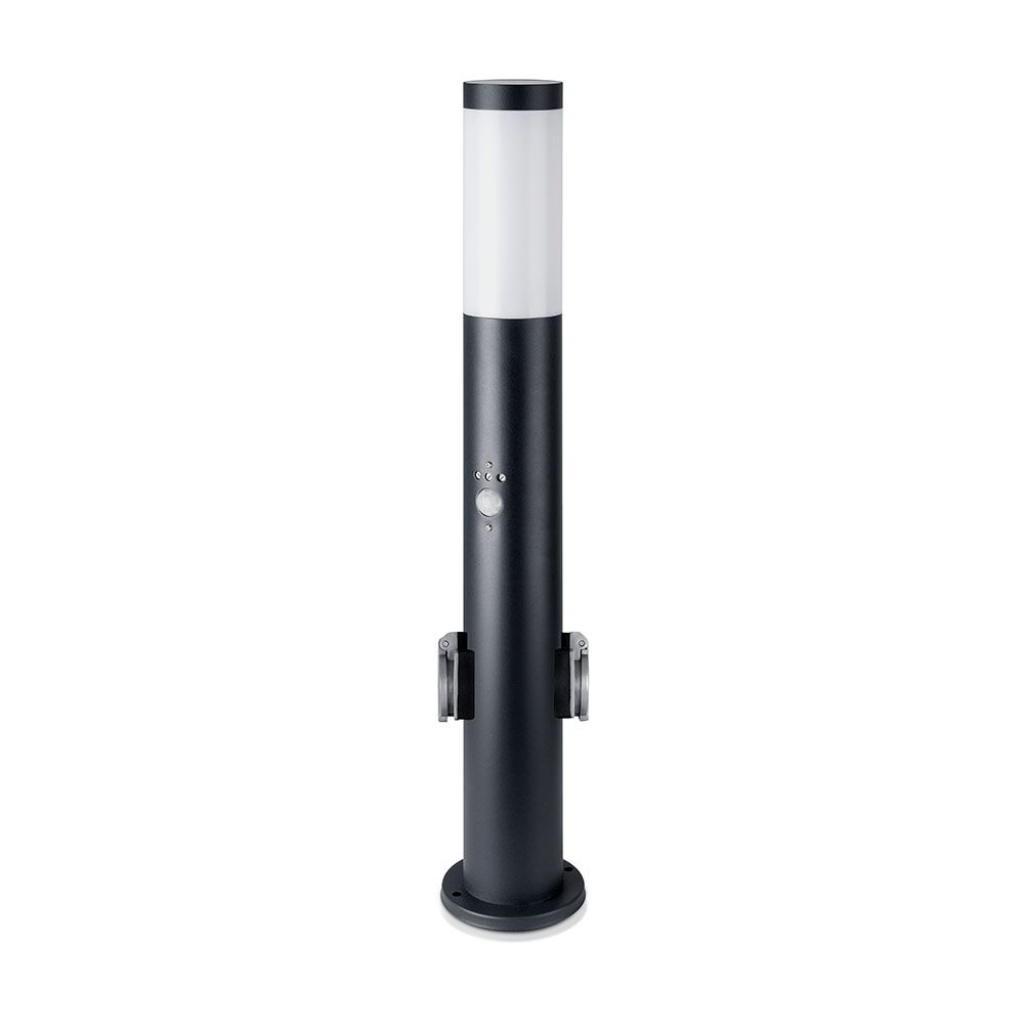 E27 Bollard Lamp 60cm Pir Sensor With 2 Eu Plug Sockets Stainless Steel Black Ip44