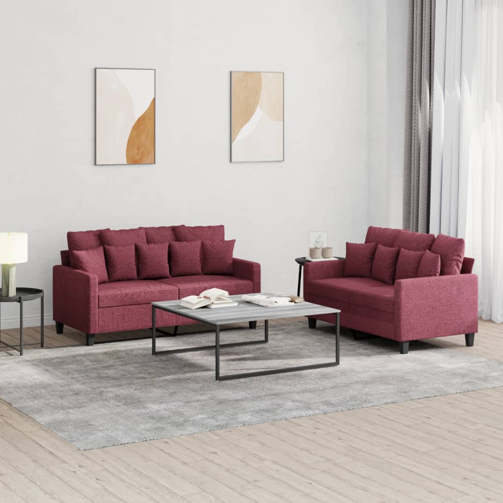 Set Di Divani 2 Pz Con Cuscini Rosso Vino In Tessuto