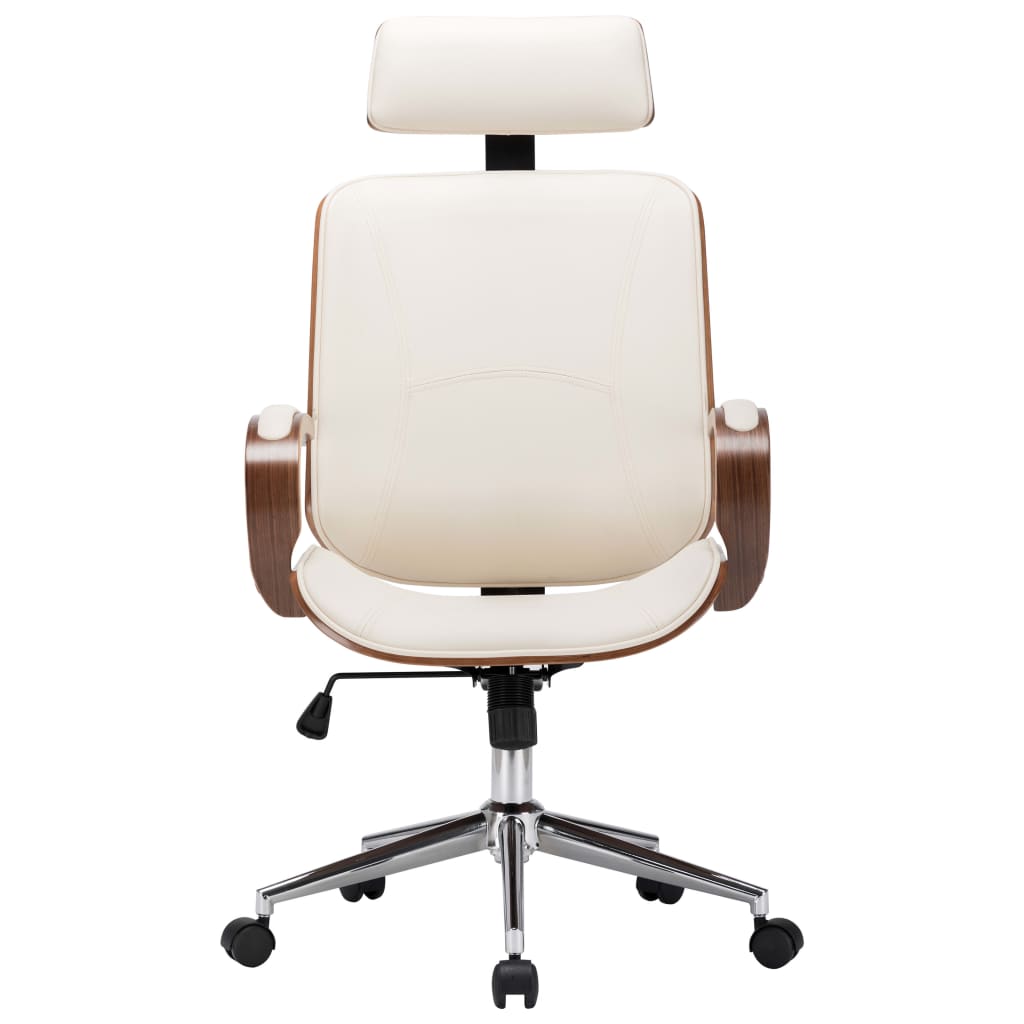 Sedia Girevole Con Poggiatesta Crema Similpelle E Legno Curvato