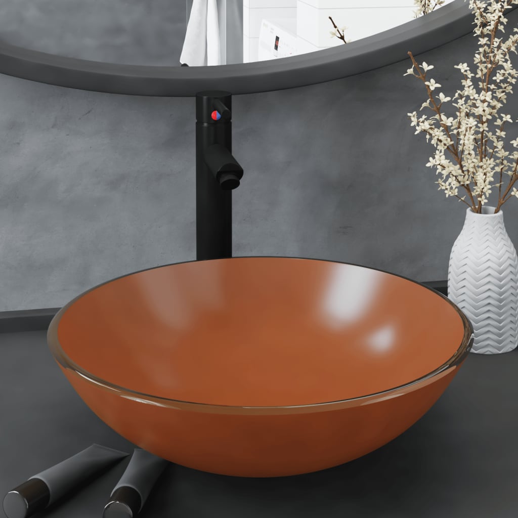 Lavandino Con Rubinetto E Piletta In Vetro Temperato Marrone