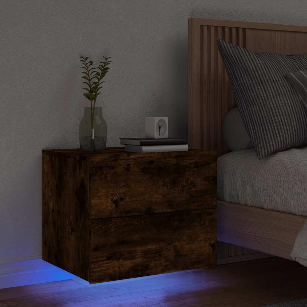Comodino A Parete Con Luci Led Rovere Fumo