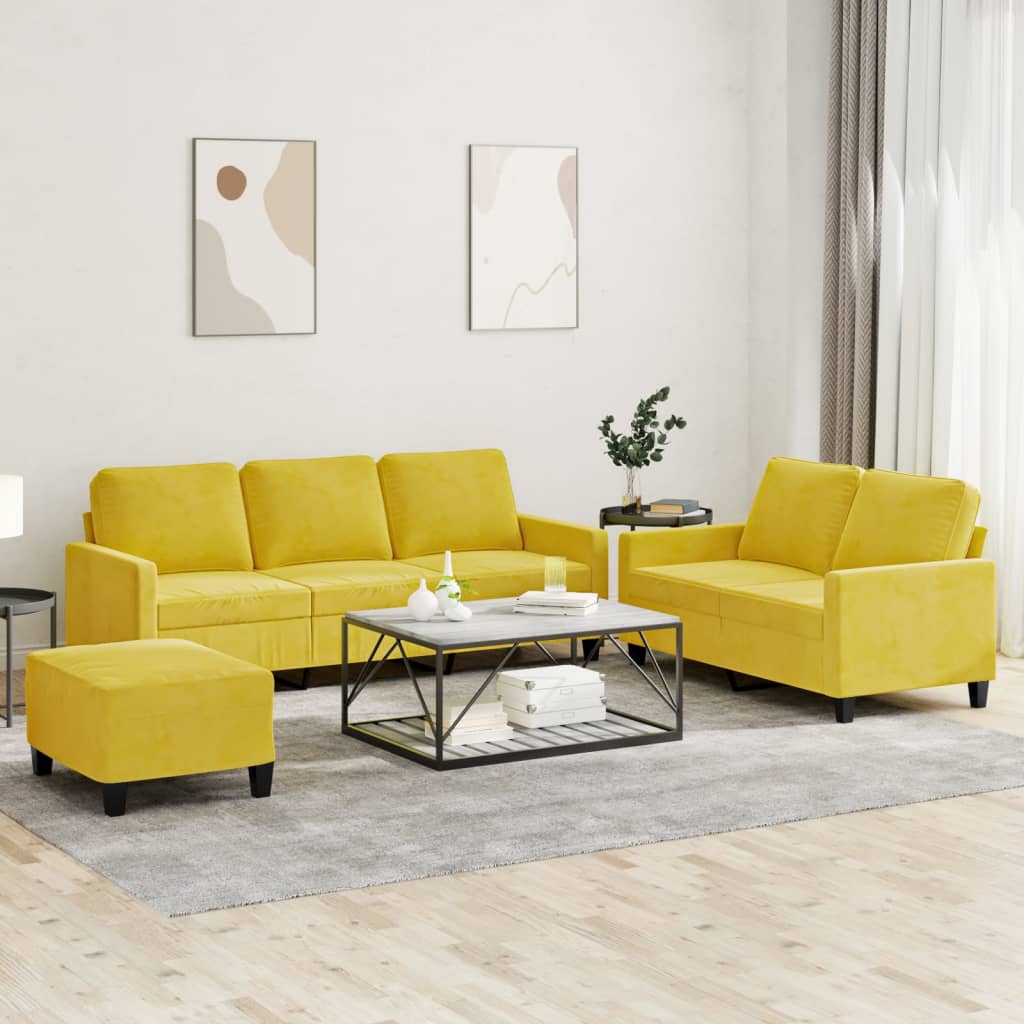 Set Di Divani 3 Pz Con Cuscini Giallo In Velluto