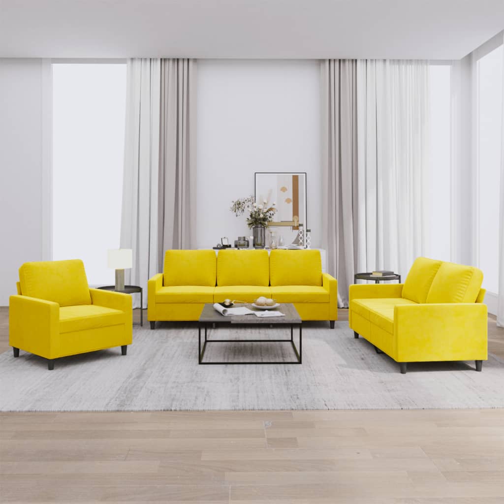 Set Di Divani 3 Pz Con Cuscini Giallo In Velluto