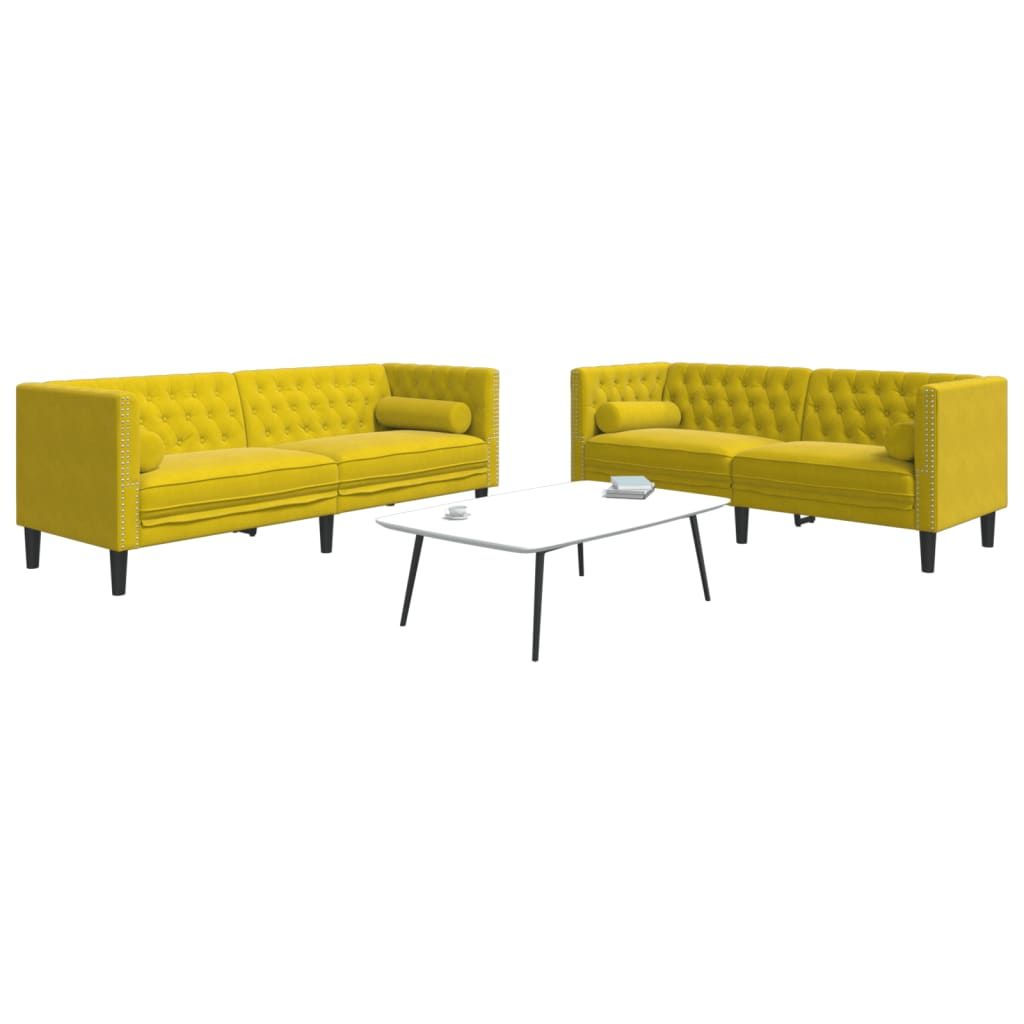 Set Divani Chesterfield 2pz Con Cuscini Giallo Velluto