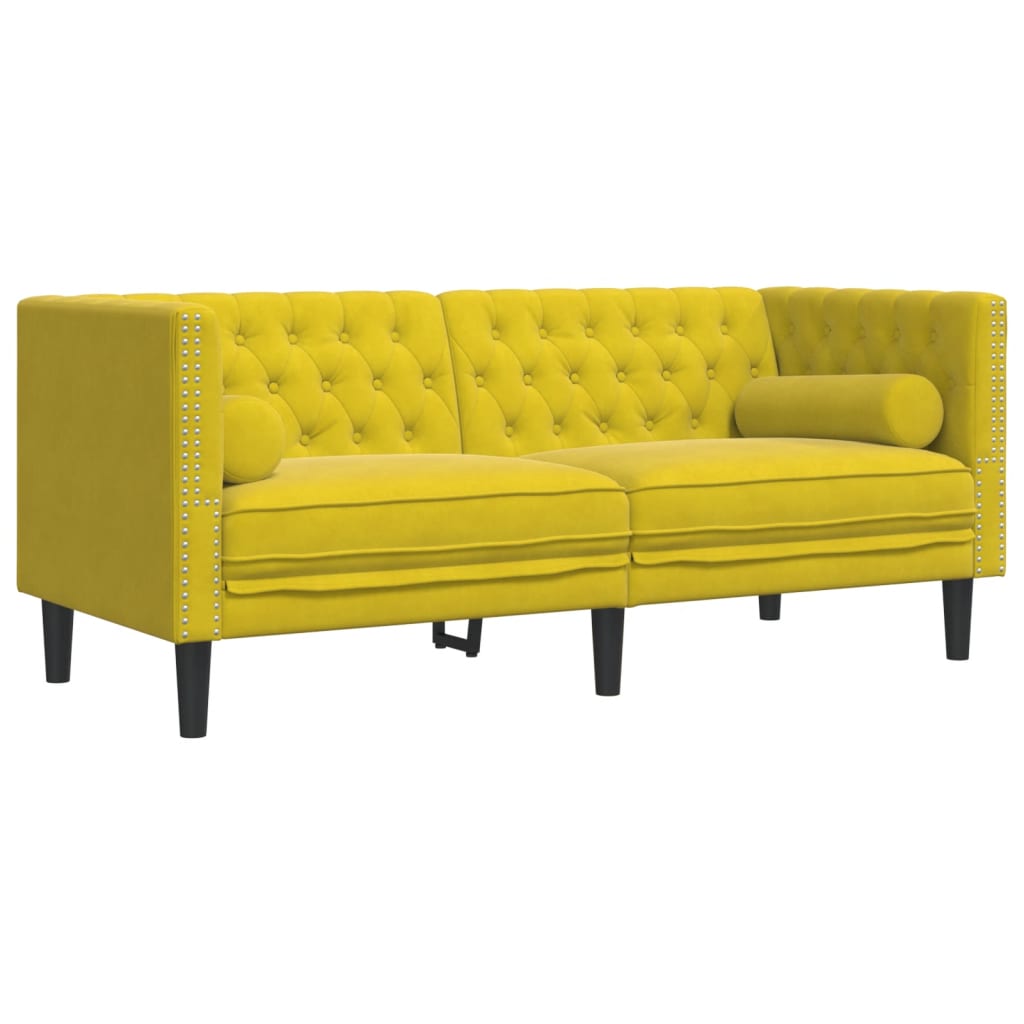 Set Divani Chesterfield 2pz Con Cuscini Giallo Velluto - Image 4