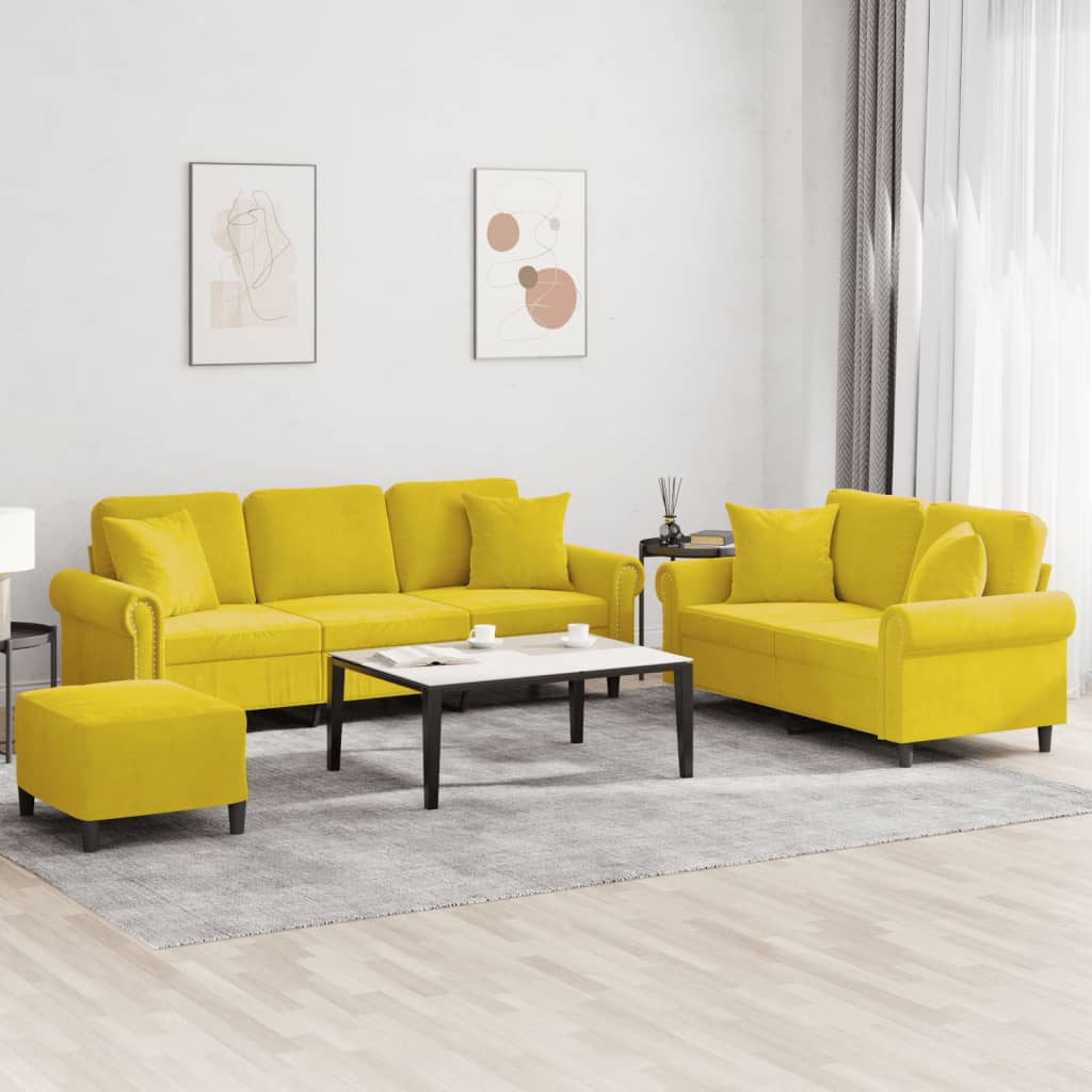 Set Di Divani 3 Pz Con Cuscini Giallo In Velluto