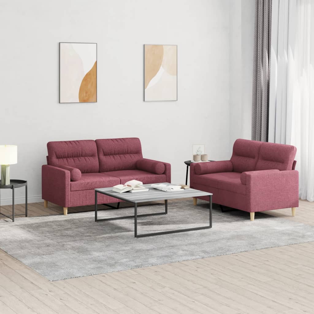 Set Di Divani 2 Pz Con Cuscini Rosso Vino In Tessuto