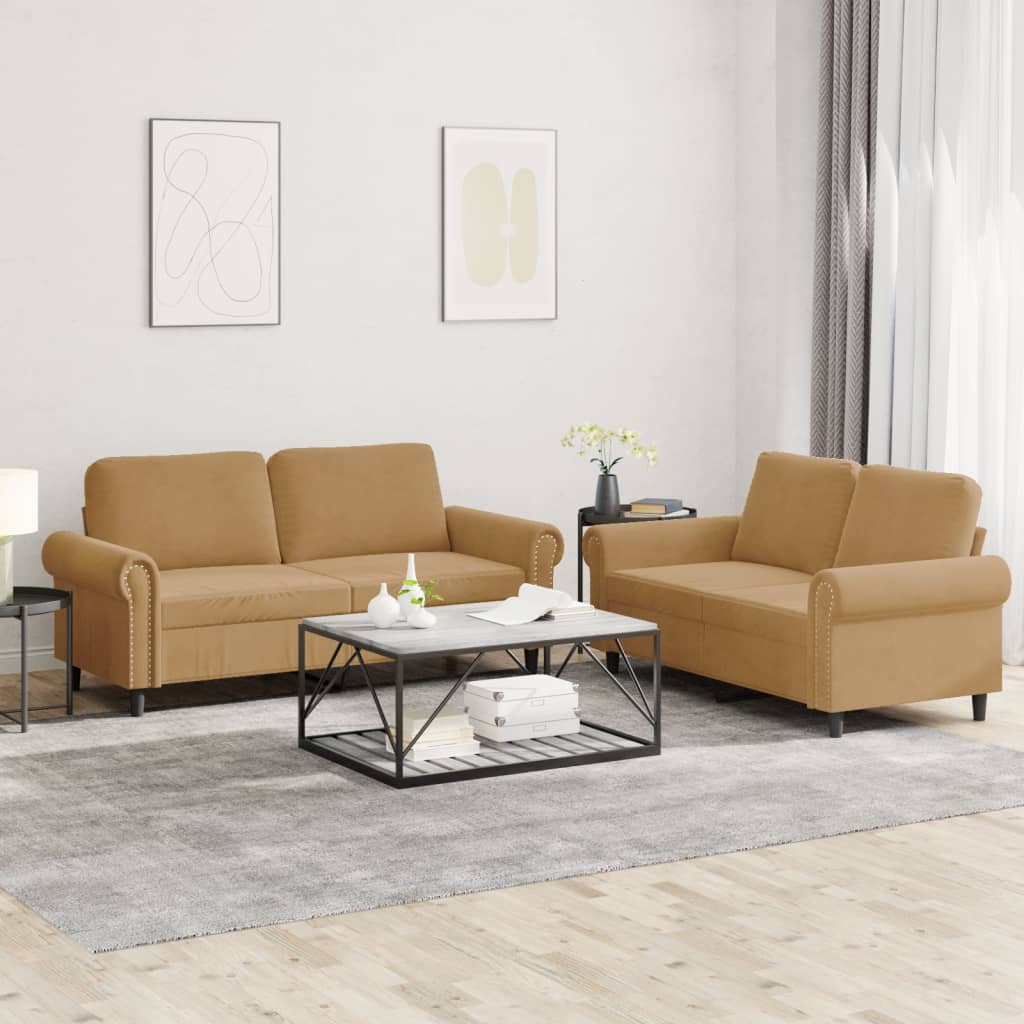 Set Di Divani 2 Pz Con Cuscini Marrone In Velluto
