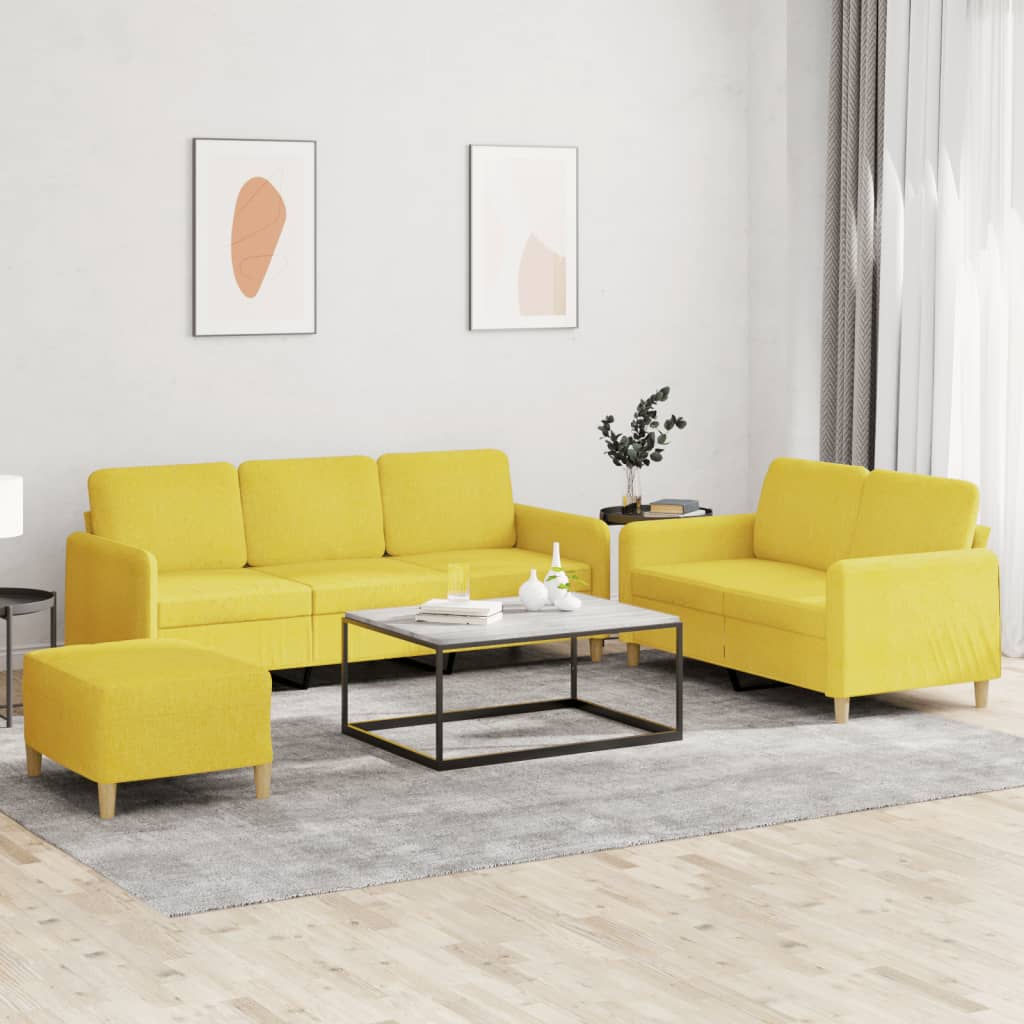 Set Di Divani 3 Pz Con Cuscini Giallo Chiaro In Tessuto