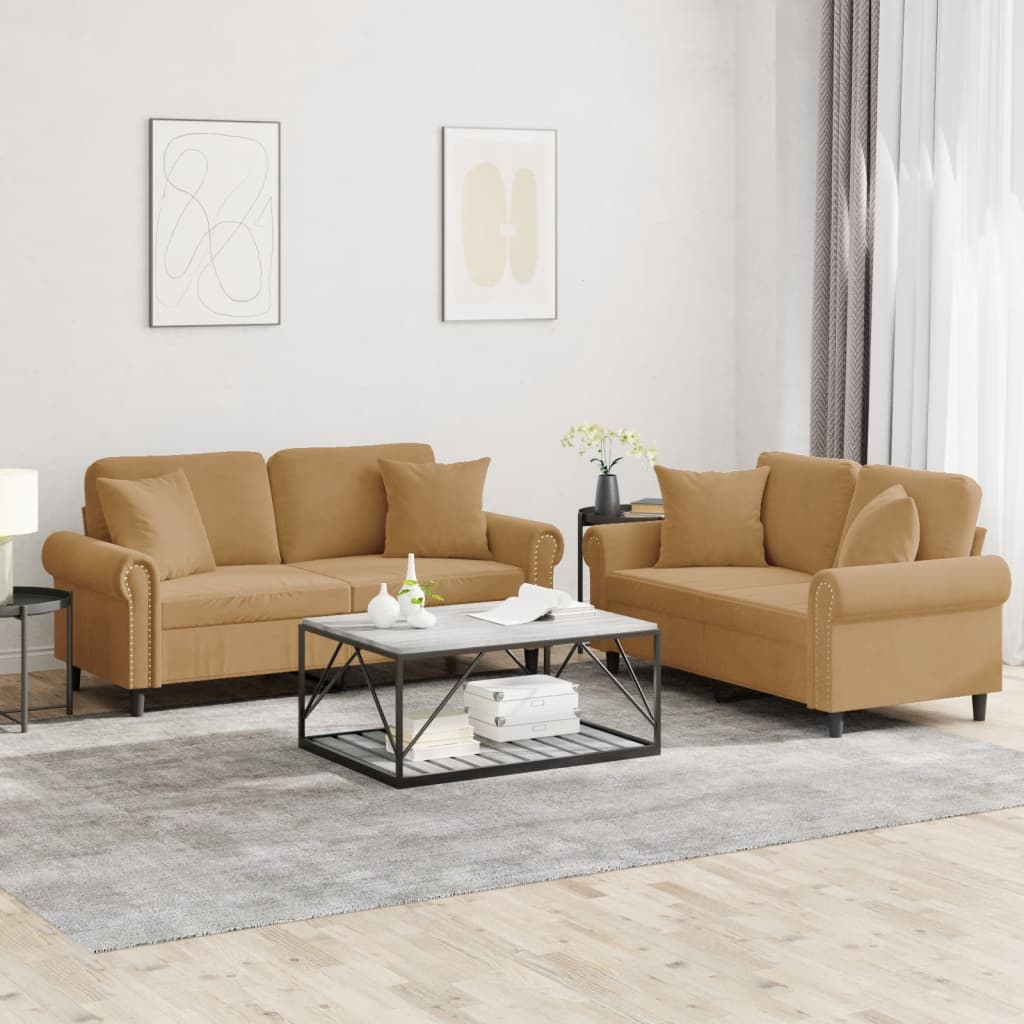 Set Di Divani 2 Pz Con Cuscini Marrone In Velluto
