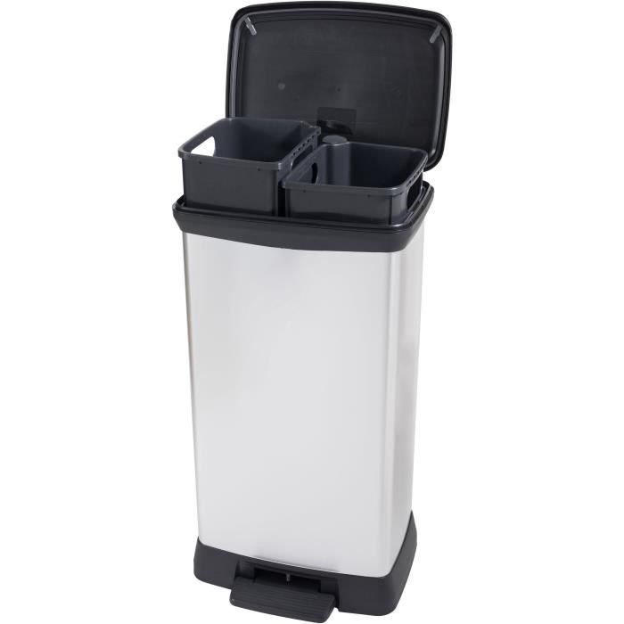 Pattumiera Rettangolare Duo - Deco Bin - Curver - 46l (23+23l) - Doppio Scomparto - 39 X 29 X 72 Cm - Grigio Metallizzato
