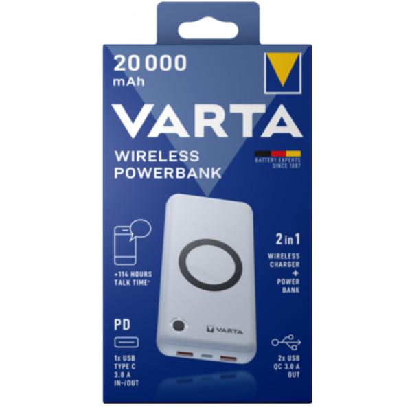 Varta Power Bank Induttivo - 2-IN-1 - LI-Pol - 20000 Mah - 74 Wh - 20 Watt - 3 A - Pd, Qc 3.0 - 3 Punti Di Connessione In Uscita (2 X Usb, UsB-C A 24
