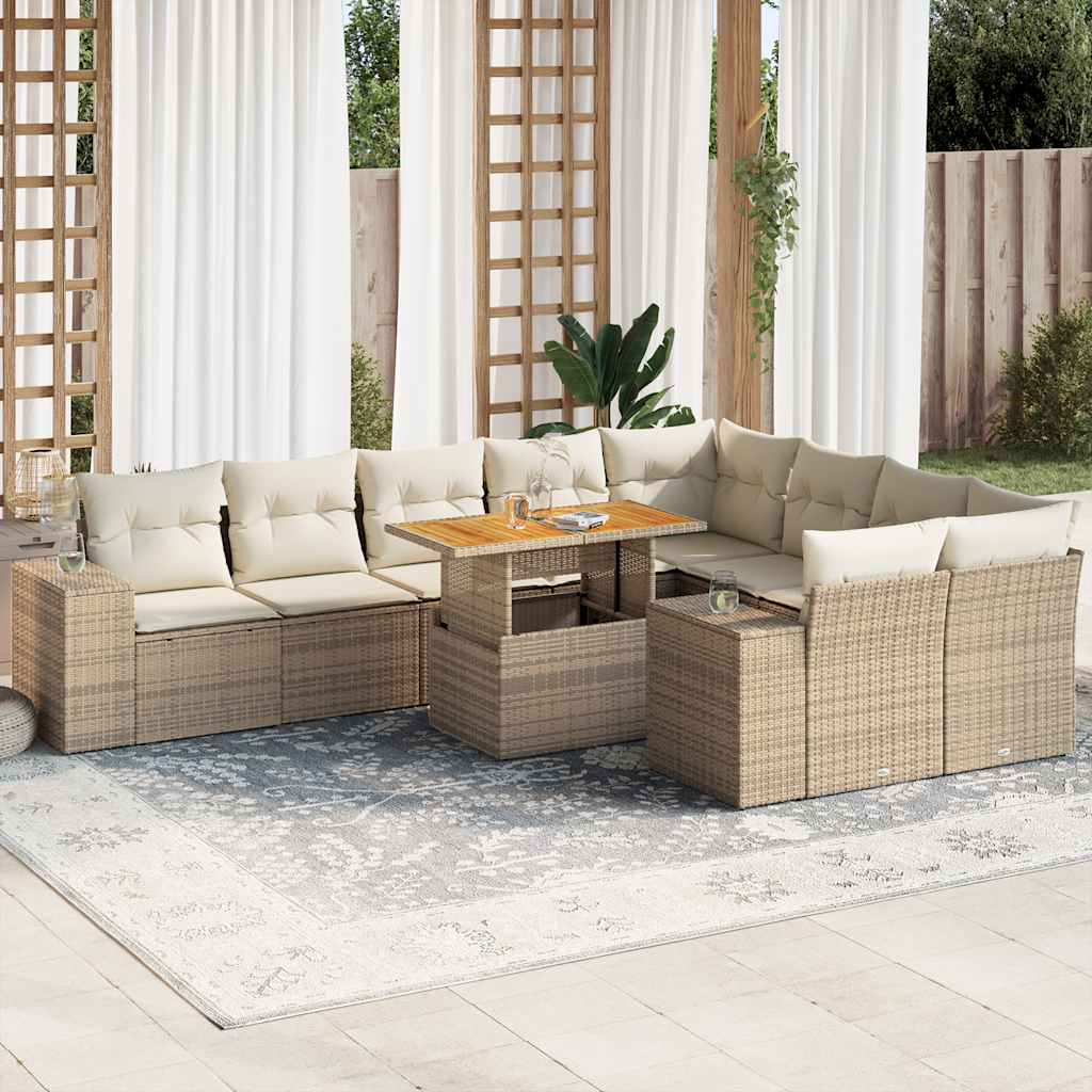 Divano Da Giardino 10 Pz Con Cuscini Beige In Polyrattan Acacia