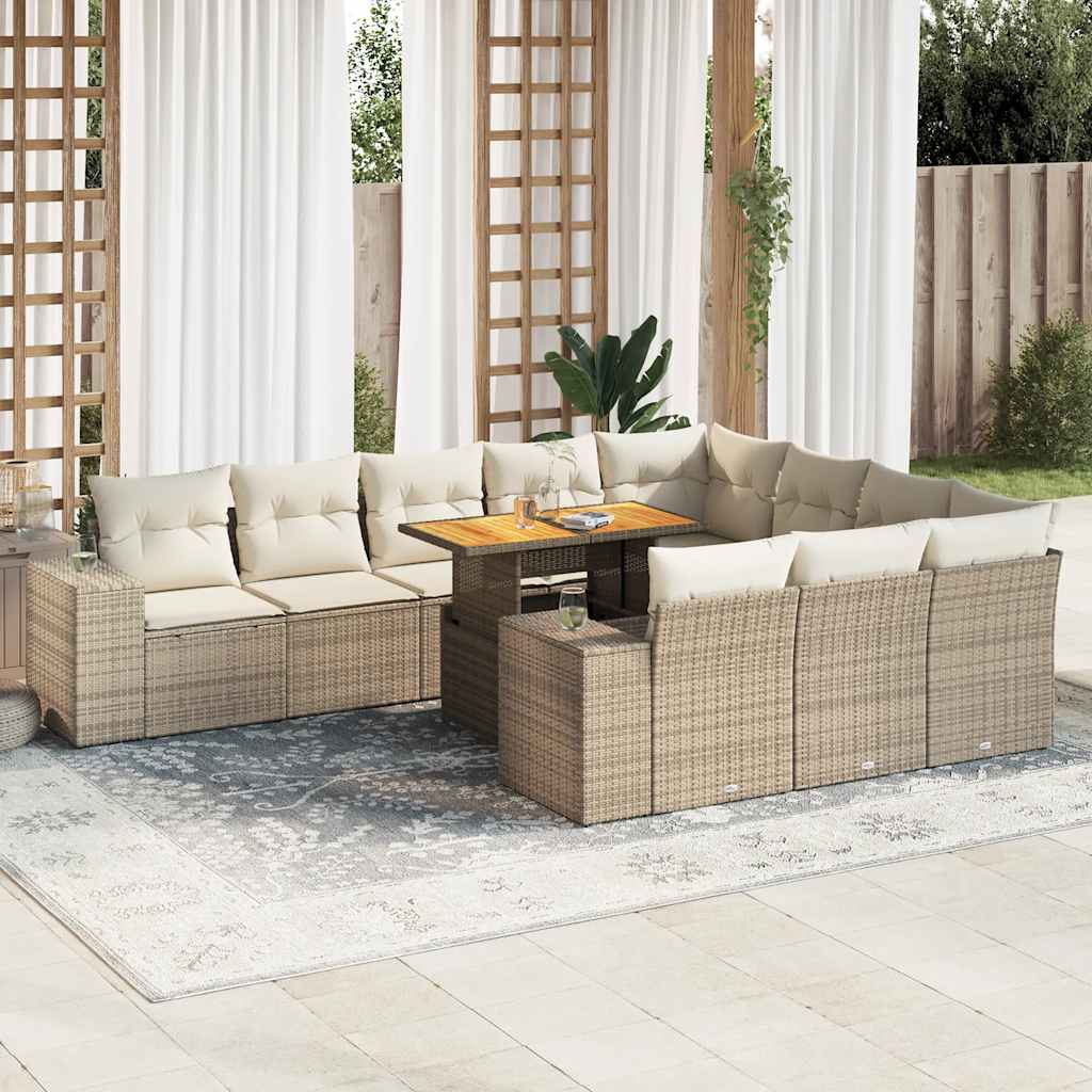 Divano Da Giardino 10 Pz Con Cuscini Beige In Polyrattan Acacia