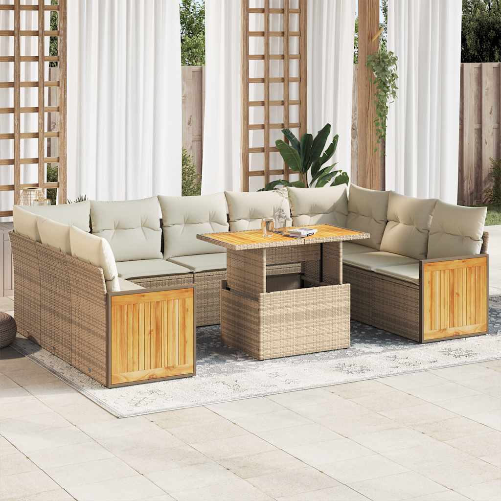 Divano Da Giardino 10 Pz Con Cuscini Beige In Polyrattan Acacia