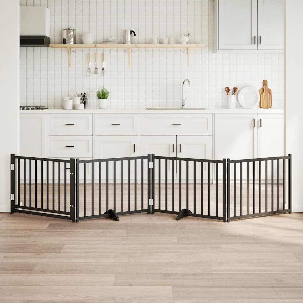 Cancello Cani Pieghevole Nero 4 Pannelli 320 Cm Massello Abete