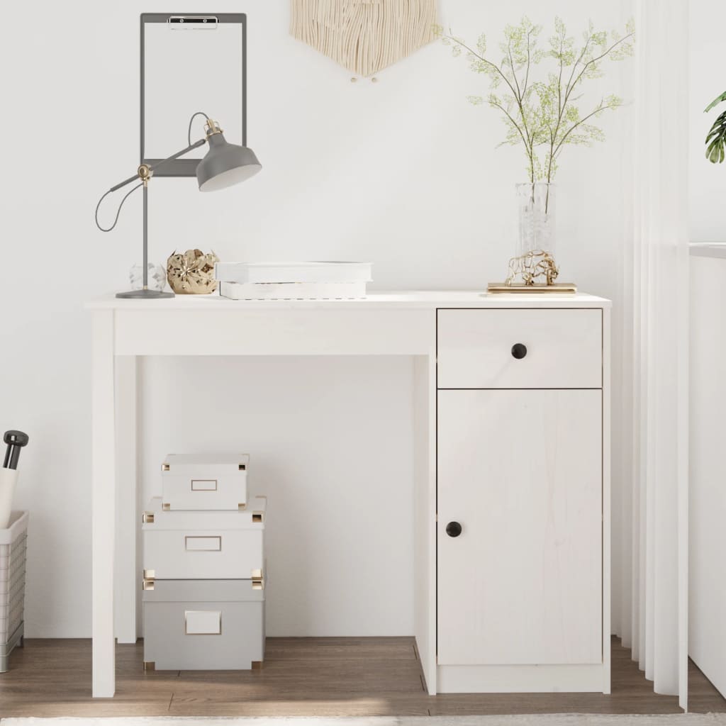 Scrivania Bianca 100x50x75 Cm In Legno Massello Di Pino
