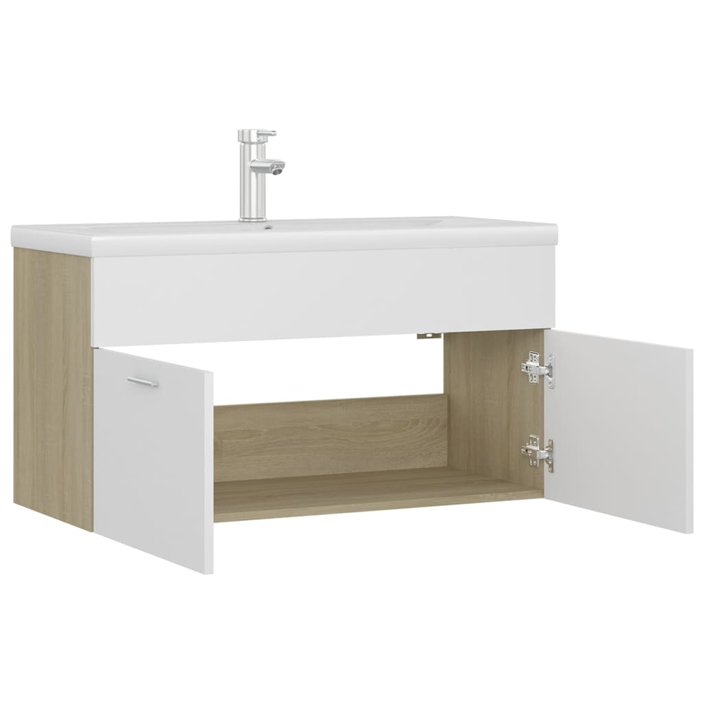 Mobile Lavabo Integrato Bianco Rovere Sonoma Legno Multistrato - Image 4