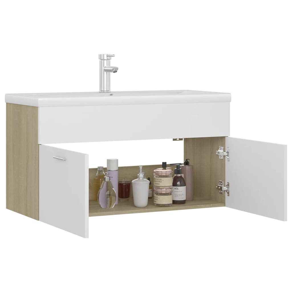 Mobile Lavabo Integrato Bianco Rovere Sonoma Legno Multistrato - Image 5