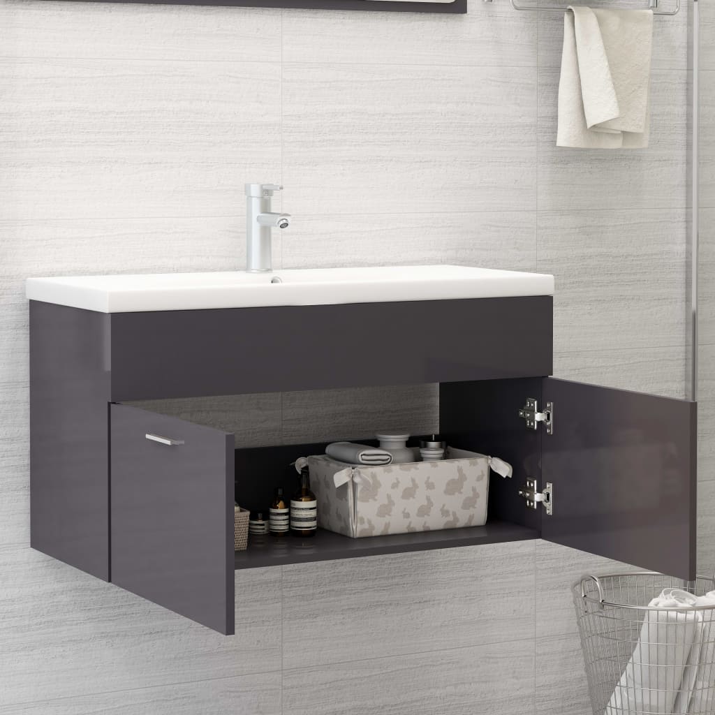 Mobile Bagno Con Lavabo Integrato Grigio Lucido In Truciolato - Image 3
