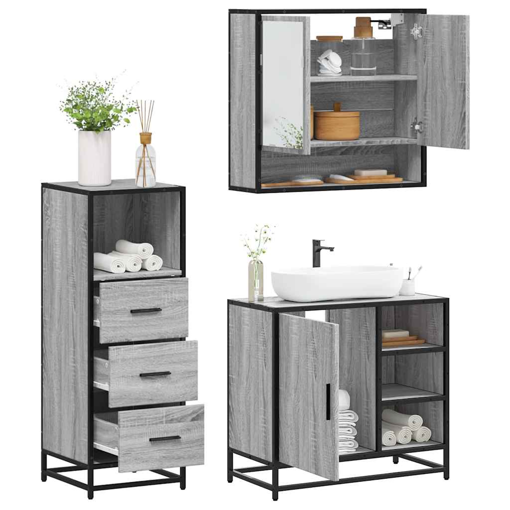 Set Mobili Da Bagno 3 Pz Grigio Sonoma In Legno Multistrato