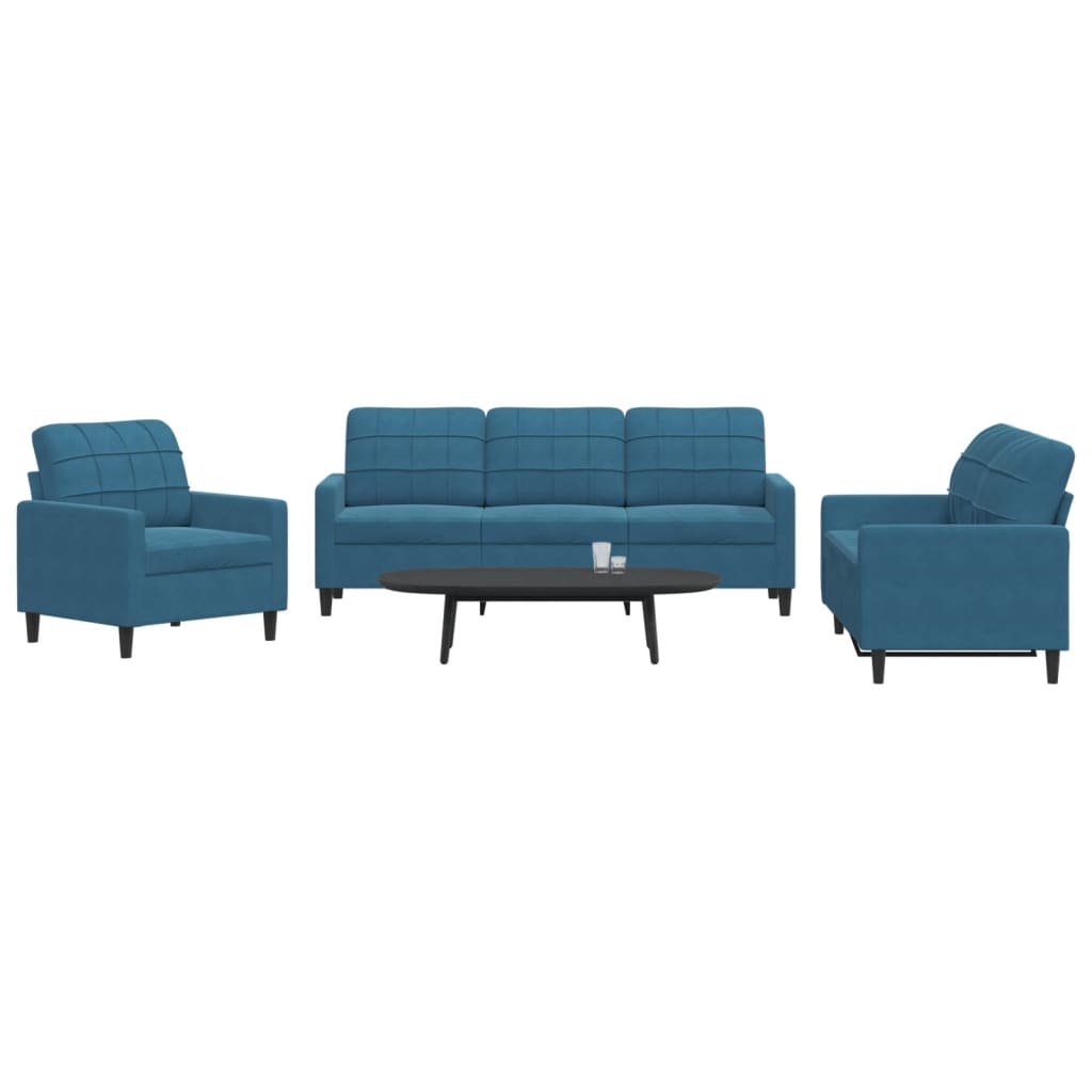 Set Di Divani 3 Pz Con Cuscini Blu In Velluto