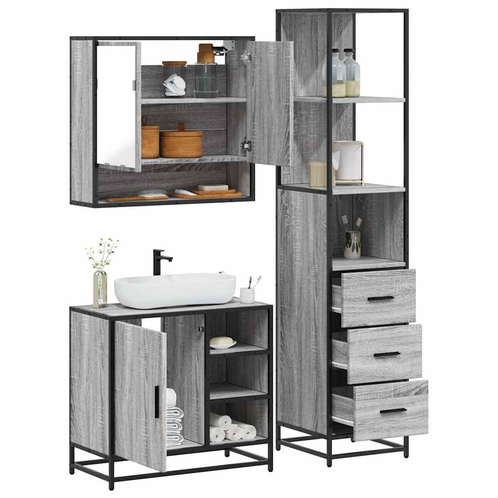 Set Mobili Da Bagno 3 Pz Grigio Sonoma In Legno Multistrato