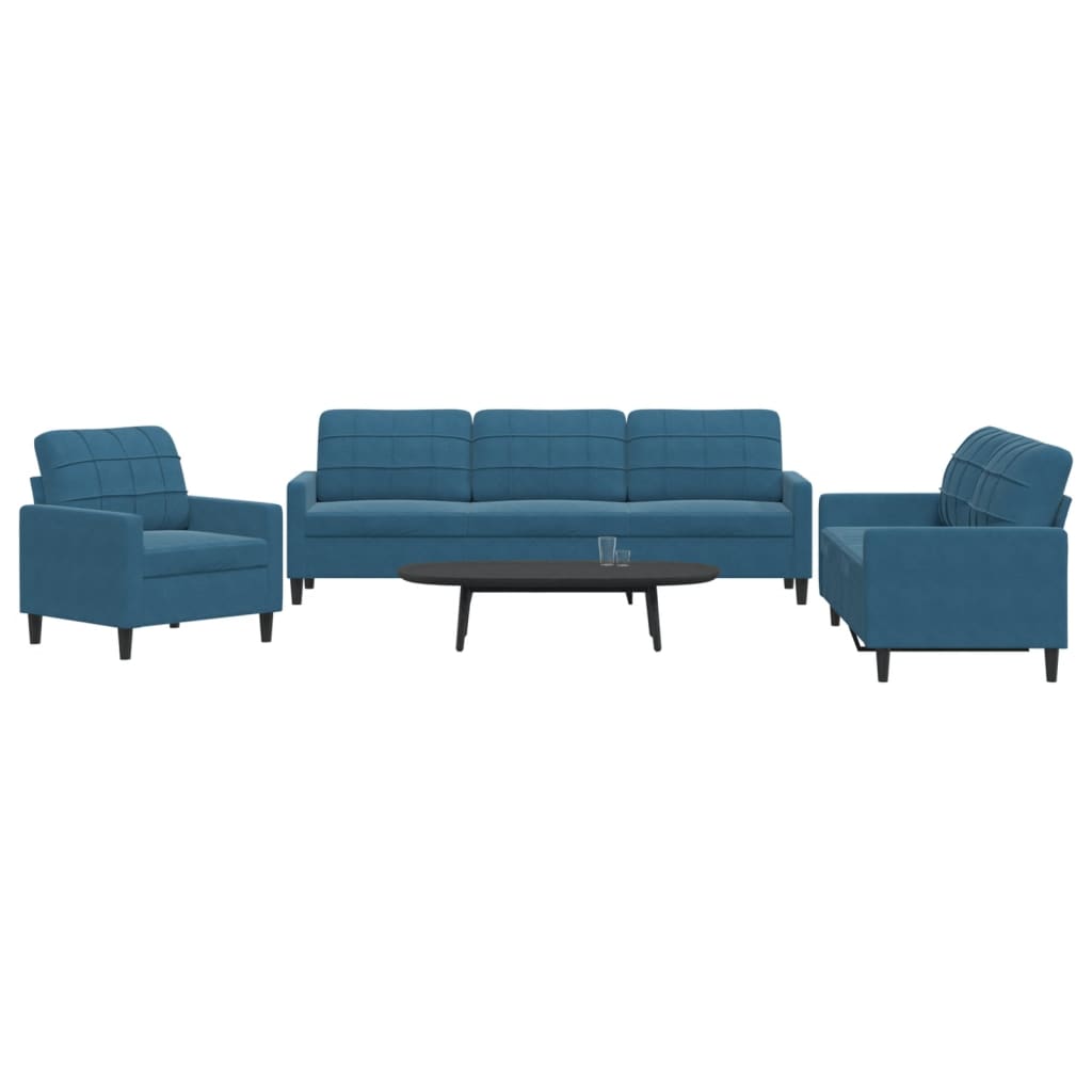 Set Di Divani 3 Pz Con Cuscini Blu In Velluto
