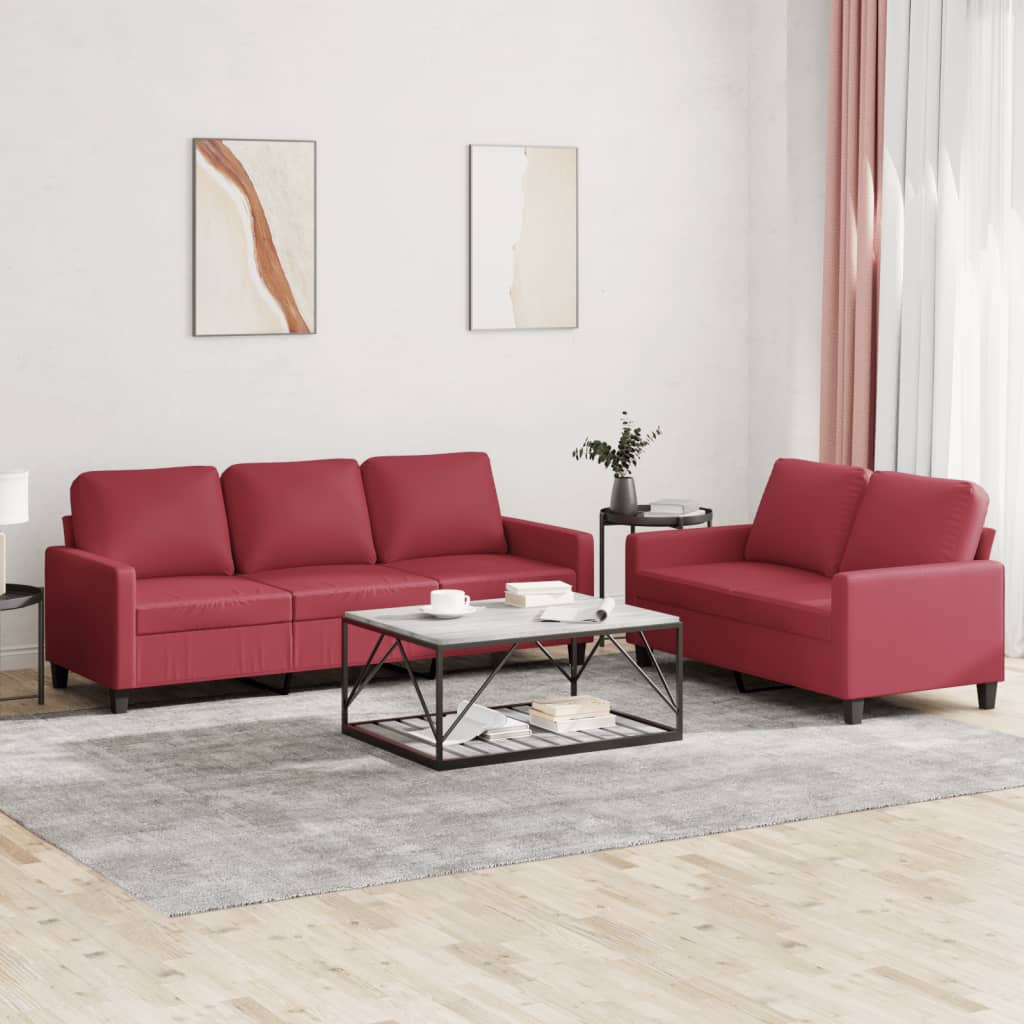 Set Di Divani 2 Pz Con Cuscini Rosso Vino In Similpelle
