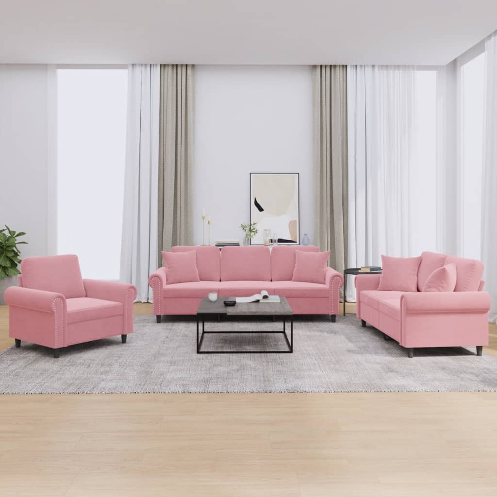 Set Di Divani 3 Pz Con Cuscini Rosa In Velluto