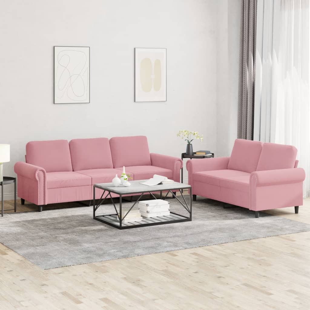 Set Di Divani 2 Pz Con Cuscini Rosa In Velluto