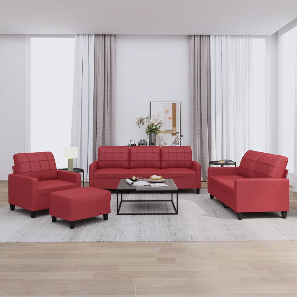 Set Di Divani 4 Pz Con Cuscini Rosso Vino In Similpelle