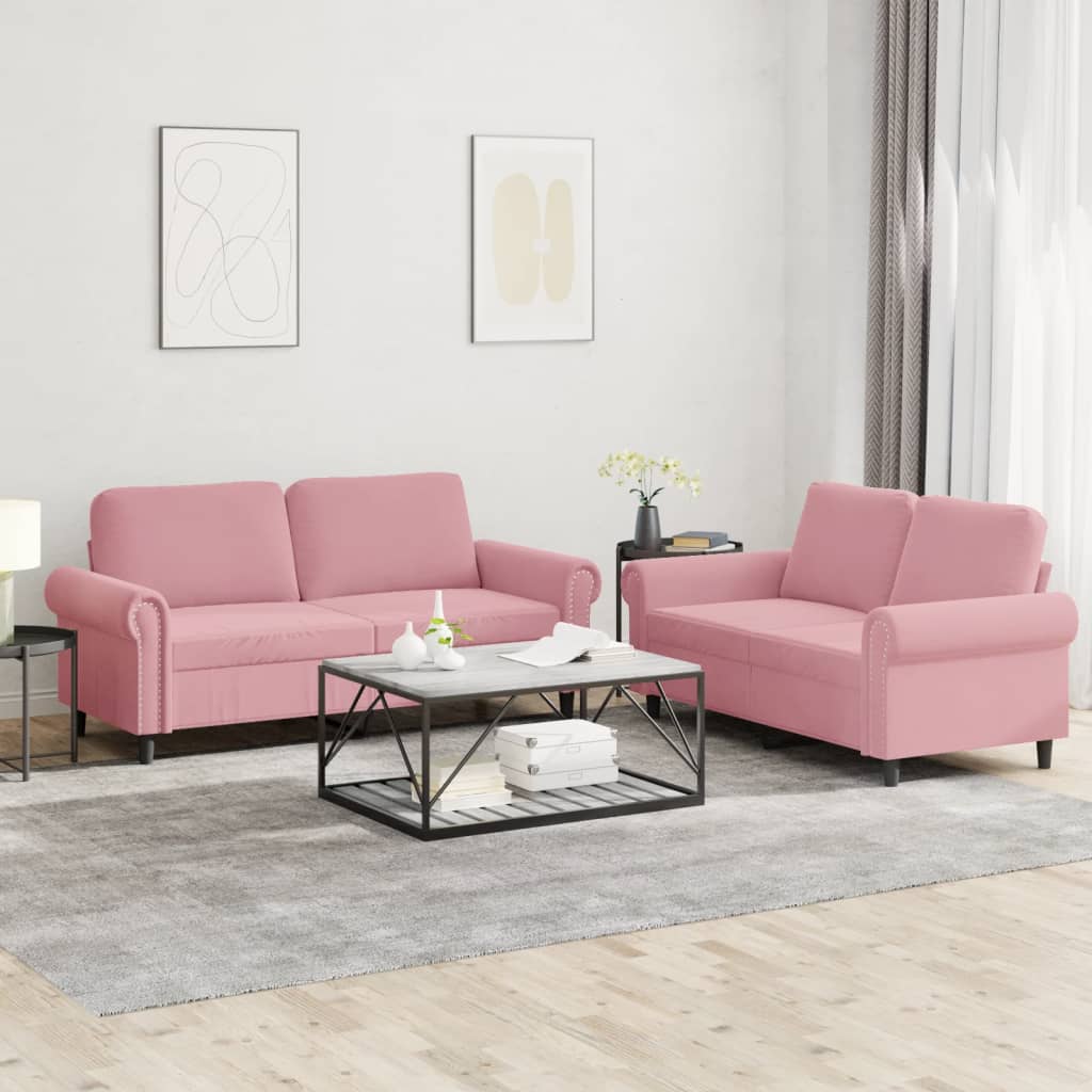 Set Di Divani 2 Pz Con Cuscini Rosa In Velluto