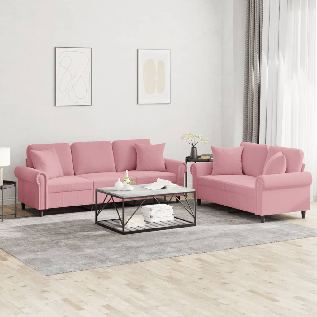 Set Di Divani 2 Pz Con Cuscini Rosa In Velluto